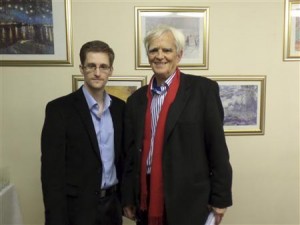 German Greens lawmaker Stroebele poses for a picture with fugitive former U.S. spy agency contractor Snowden in an undisclosed location in Moscow